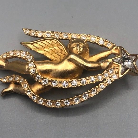 Gold plated Angel Brooch with Rhinestones Swarovski - Picture 2 of 5